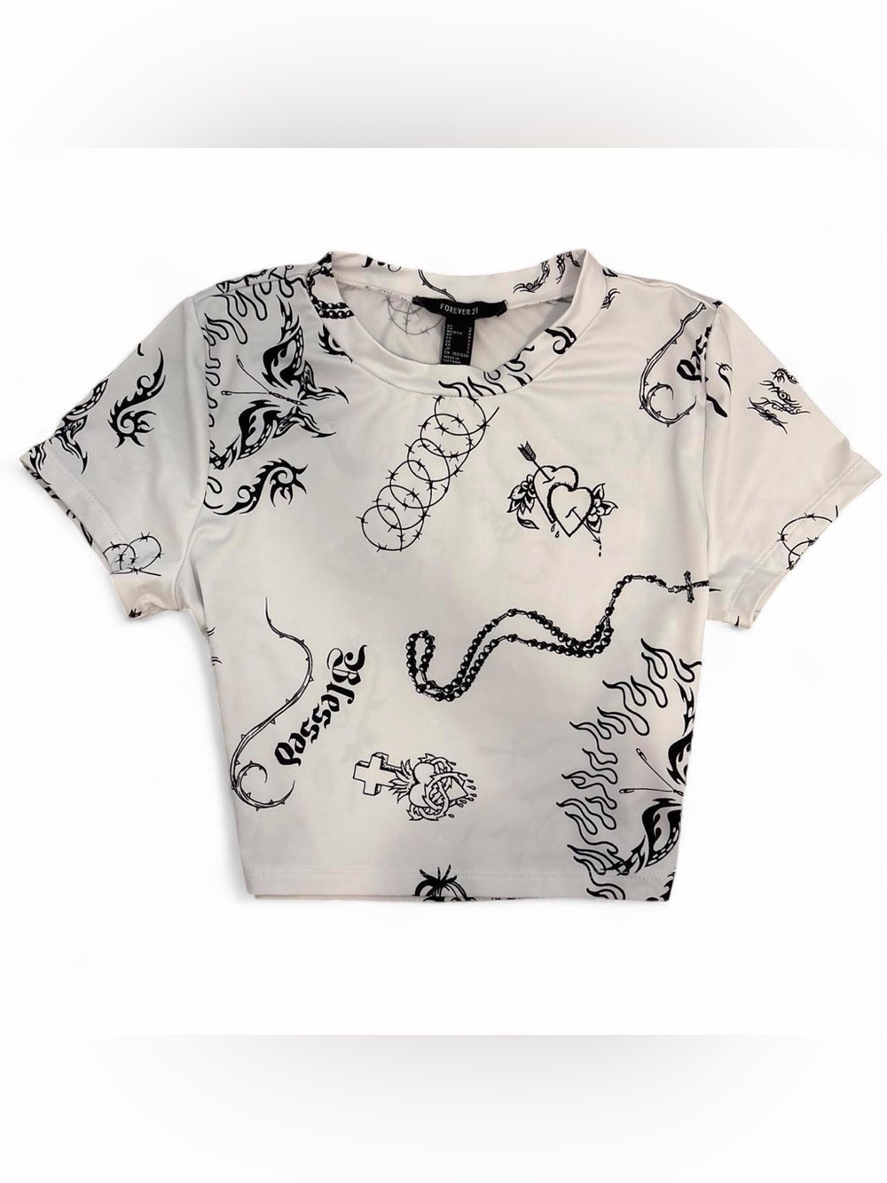 Forever 21 White Tattoo-Print Short Sleeve Crop Top